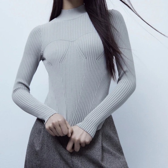 ZARA Light Blue Ribbed Mock Slender Turtleneck Sweater – Women’s Medium - Picture 1 of 6
